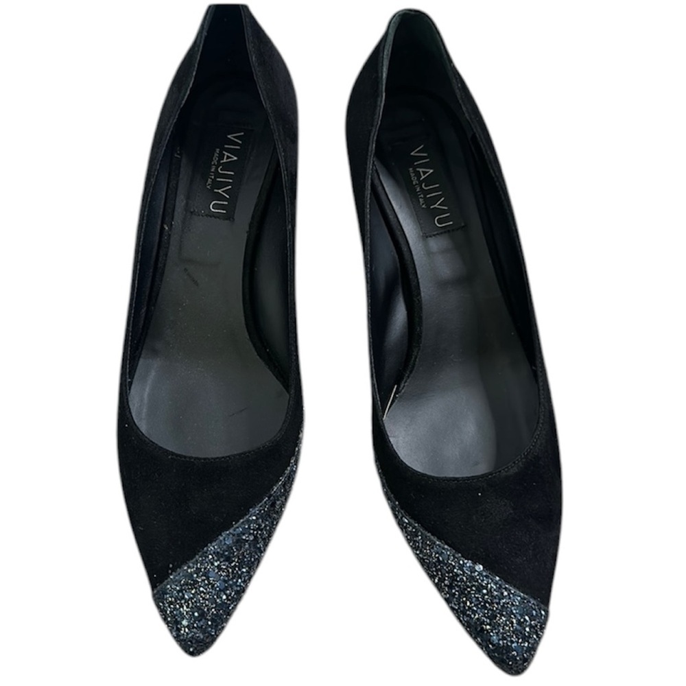 VIAJIYU  black leather suede wedges size 9